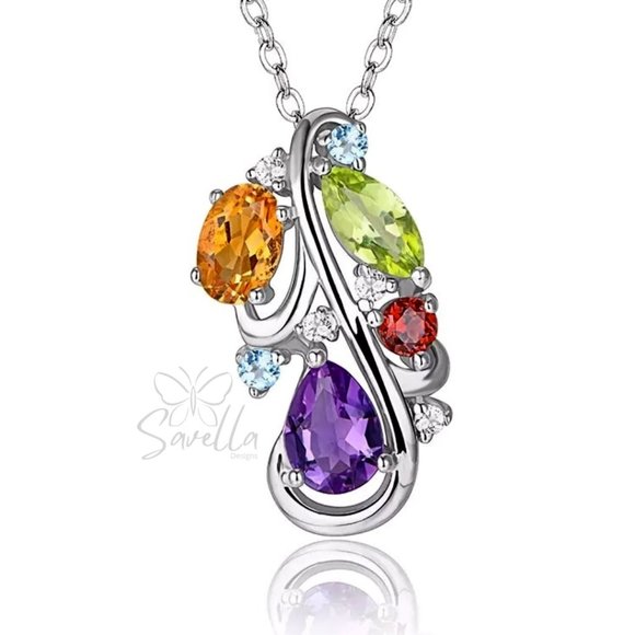 5-Stone Amethyst, Blue Topaz, Citrine, Ruby and Peridot Pendant 925 Silver - Picture 1 of 3
